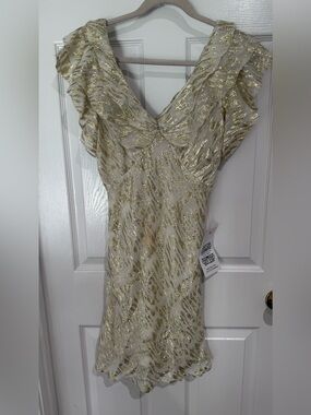 Never Fully Dressed Ivory Dress with Gold Glitter Ruffle Sleeves